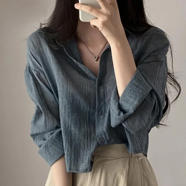 Trendy Shirt Blouse Simple Thin Pure Color Anti-UV Shirt Anti-fade Shirt Top Women Solid Color Sun Protection Shirt Streetwear - Image 2