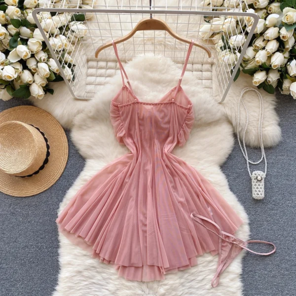 Sensual Transparent Gauze Camisole Short Night Dress Ladies Folds Flower Ball Gown Sleepwear Nightwear Women Sweet Sexy Pajamas - Image 2