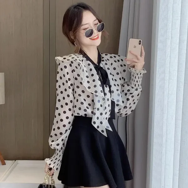 Design Sensibility Chiffon Blouse Ribbon Bow Lantern Sleeves Stylish Vintage Polka Dot Niche Shirt Women's Autumn Collection - Image 4