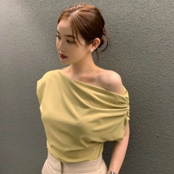 Korean New Women T Shirts Elegant Off Shoulder Folds Female Casual Tees Summer Fashion Skew Collar All Match Ladies Crop Tops - Image 2