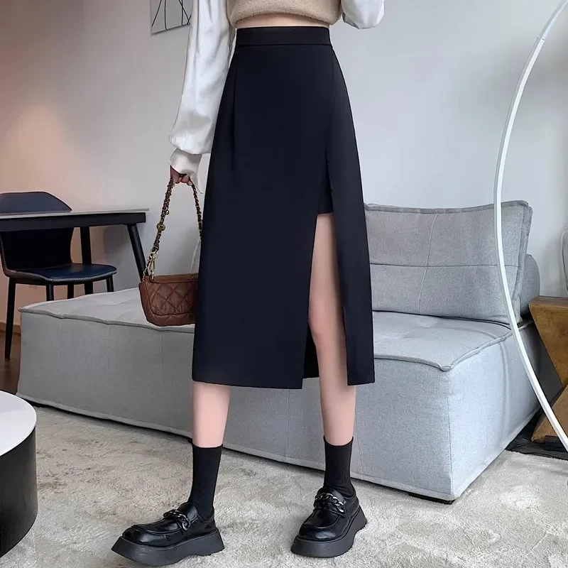 kf-S51eac69feb6c4dc294fcd97d2f612eceu-High-waisted-Slimming-Medium-length-A-line-Skirt-For-Women-Fashionable-Korean-Style-Side-Slit-Petite