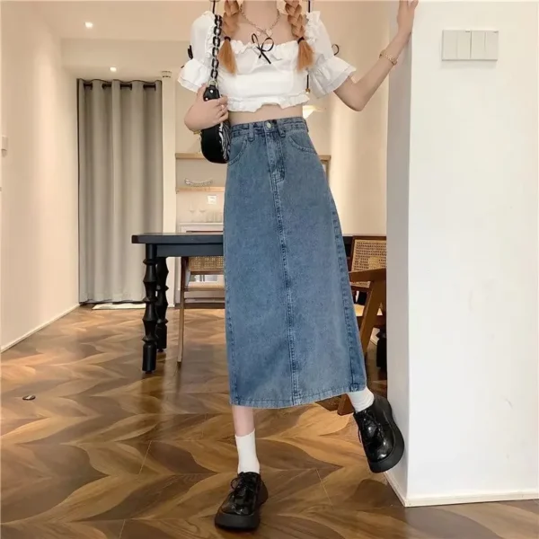 Charcoal Greydenim Skirt Women's Medium-length High-waisted Slimming Vintage Fashionable Spring Autumn New Style A- line Skirt - Image 4