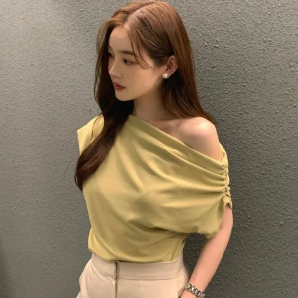 Korean New Women T Shirts Elegant Off Shoulder Folds Female Casual Tees Summer Fashion Skew Collar All Match Ladies Crop Tops