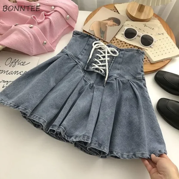 Pleated Denim Skirts Women Bandage Hotsweet Mini Vintage New Arrivals Y2K Fashion All-match Age-reducing Casual Girlish Ulzzang