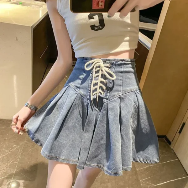 Pleated Denim Skirts Women Bandage Hotsweet Mini Vintage New Arrivals Y2K Fashion All-match Age-reducing Casual Girlish Ulzzang - Image 5