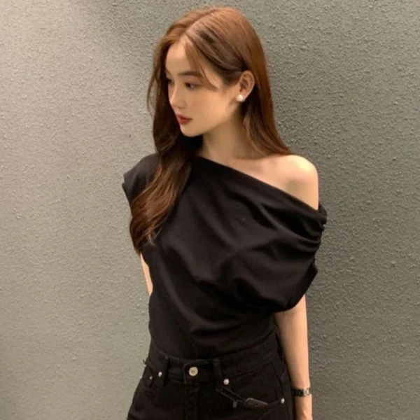 Korean New Women T Shirts Elegant Off Shoulder Folds Female Casual Tees Summer Fashion Skew Collar All Match Ladies Crop Tops - Image 3