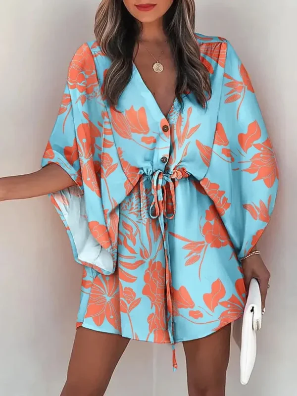 Summer Casual Dress Women Fashion Flying Sleeve V-neck Print Beach Party Dresses Elegant Lace Up Mini Dress Robe Femme 2023 New - Image 3