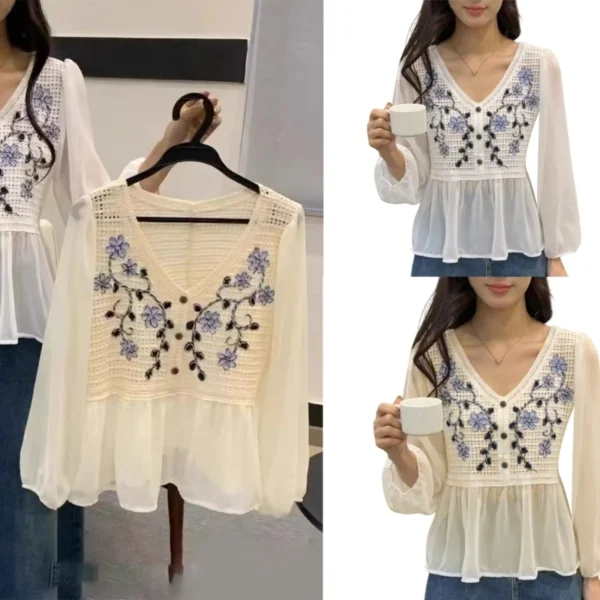 Women Elegant Crochet Embroidery Flower Blouses Puff Long Sleeve Ruffle Peplums Top Loose V-Neck Button Up Shirt