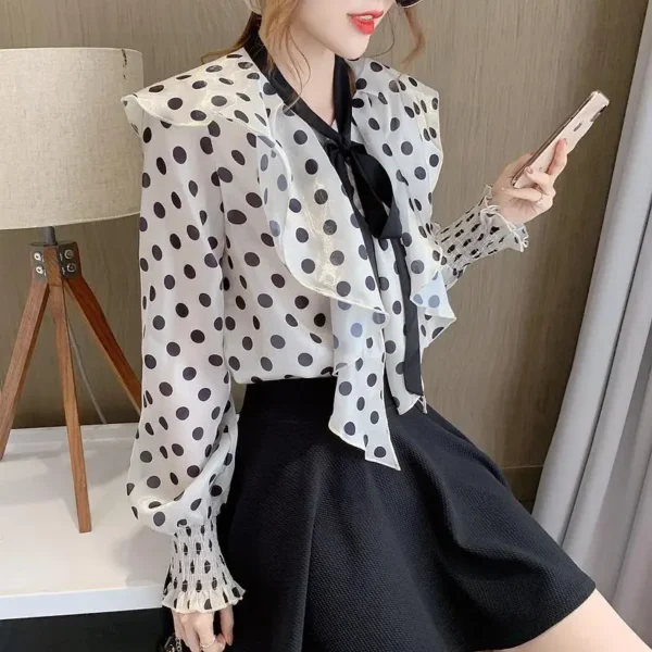 Design Sensibility Chiffon Blouse Ribbon Bow Lantern Sleeves Stylish Vintage Polka Dot Niche Shirt Women's Autumn Collection - Image 3