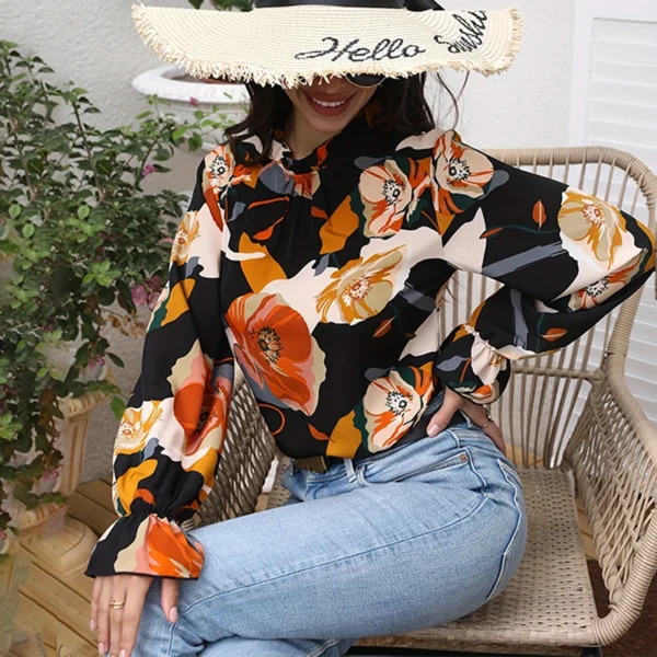 2024 Women's shirt fashion flower print design shirt new long sleeve 100 round neck casual flared cuff breathable fiber material - Image 4