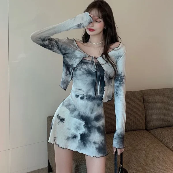 Autumn Tie-dye Design Sense Tube Top Dress Women Fashion Cardigan Top Two-piece Suit