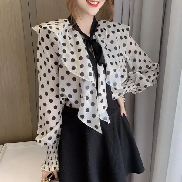 Design Sensibility Chiffon Blouse Ribbon Bow Lantern Sleeves Stylish Vintage Polka Dot Niche Shirt Women's Autumn Collection