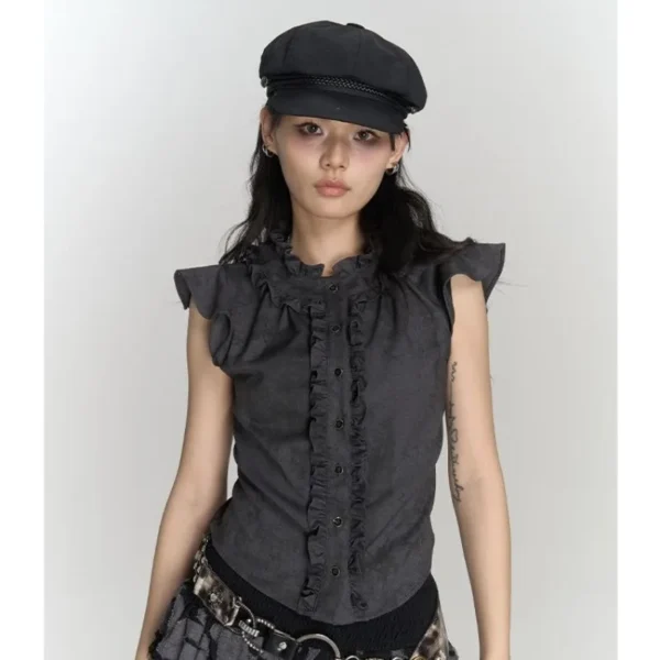 QWEEK Vintage Y2k Short Sleeve Shirt Woman Japanese Grunge Gyaru Button Up Blouses Summer Harajuku Fashion Gothic Streetwear