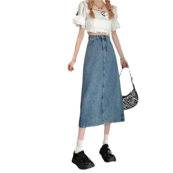 Charcoal Greydenim Skirt Women's Medium-length High-waisted Slimming Vintage Fashionable Spring Autumn New Style A- line Skirt - Image 5