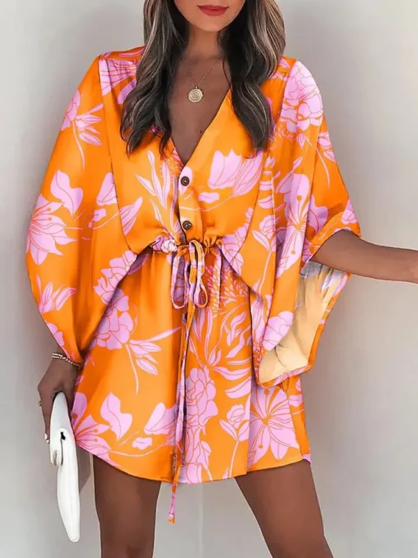 Summer Casual Dress Women Fashion Flying Sleeve V-neck Print Beach Party Dresses Elegant Lace Up Mini Dress Robe Femme 2023 New - Image 6