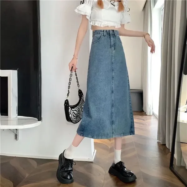 Charcoal Greydenim Skirt Women's Medium-length High-waisted Slimming Vintage Fashionable Spring Autumn New Style A- line Skirt - Image 2