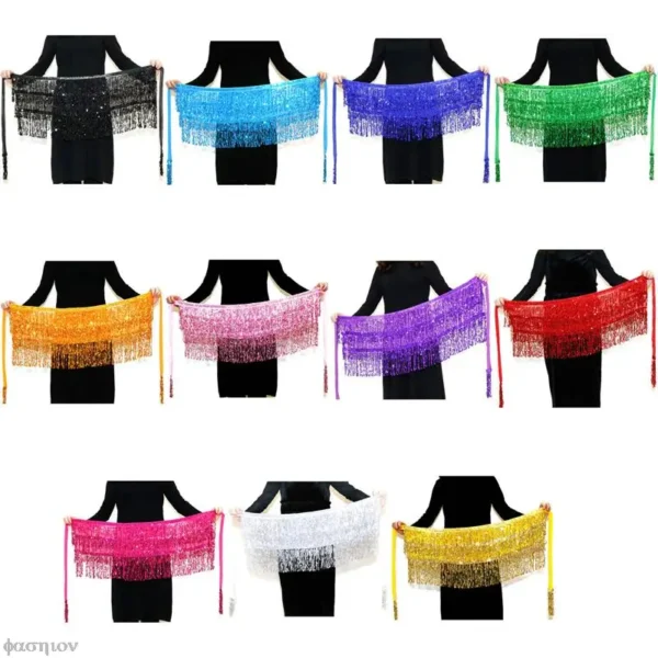 Sexy Women Belly Dance Hip Tutu Skirt Scarf Wrap Belt Glitter Sequins Tassel Hipscarf Skirt Sundress Costume Fringe Skirt Outfit - Image 6