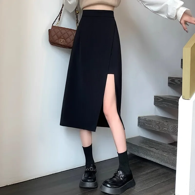 kf-Sc179c048dd864fb8952731c1878d8486M-High-waisted-Slimming-Medium-length-A-line-Skirt-For-Women-Fashionable-Korean-Style-Side-Slit-Petite