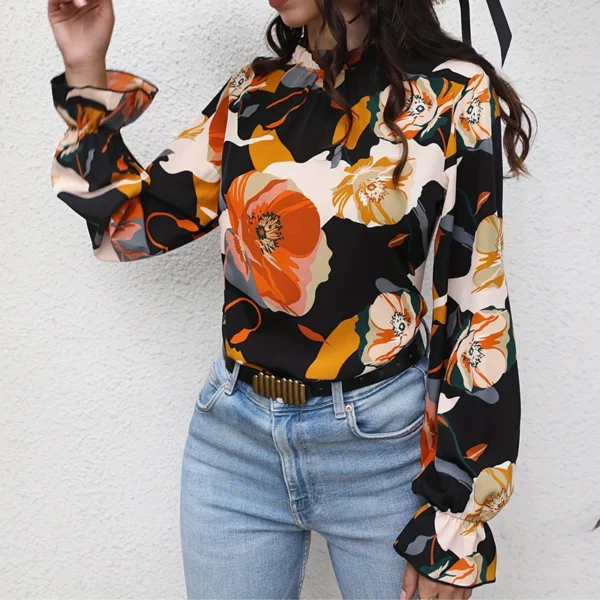 2024 Women's shirt fashion flower print design shirt new long sleeve 100 round neck casual flared cuff breathable fiber material - Image 5