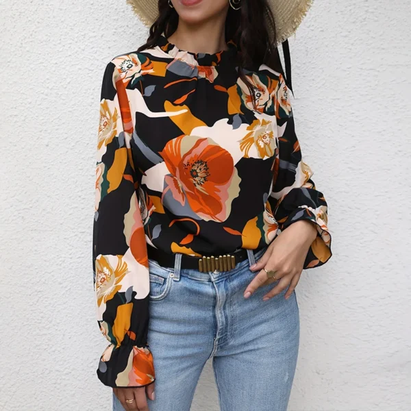 2024 Women's shirt fashion flower print design shirt new long sleeve 100 round neck casual flared cuff breathable fiber material - Image 3