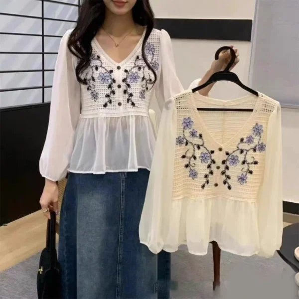 Women Elegant Crochet Embroidery Flower Blouses Puff Long Sleeve Ruffle Peplums Top Loose V-Neck Button Up Shirt - Image 4