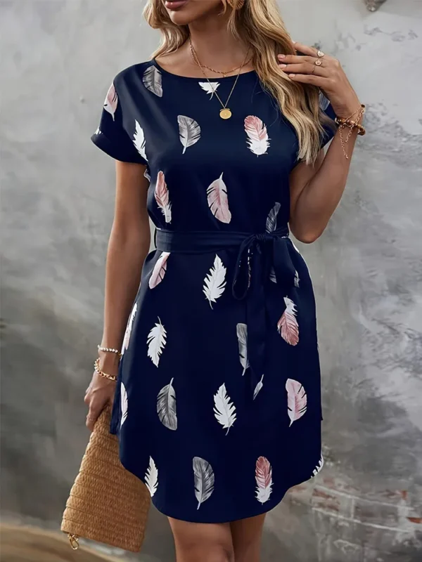 2024 European and American Lace-Up MIni Dress Women New O-neck Short Sleeve Printed Radian Hem Dresses Women Dress Casual - Image 6