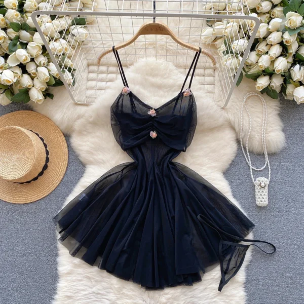 Sensual Transparent Gauze Camisole Short Night Dress Ladies Folds Flower Ball Gown Sleepwear Nightwear Women Sweet Sexy Pajamas - Image 3