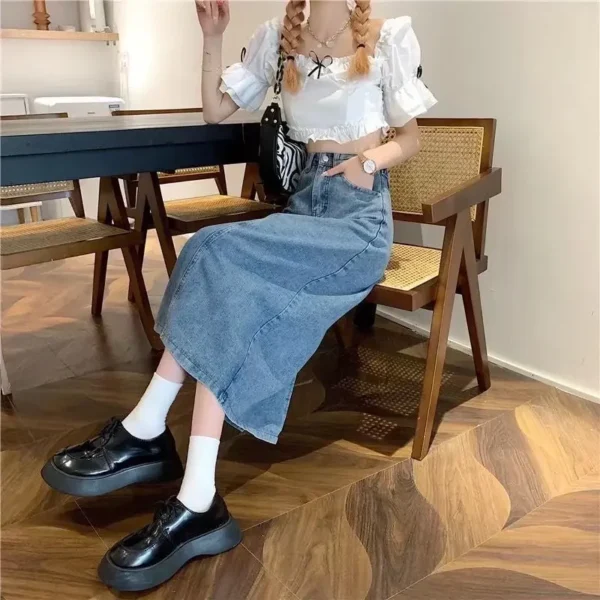 Charcoal Greydenim Skirt Women's Medium-length High-waisted Slimming Vintage Fashionable Spring Autumn New Style A- line Skirt - Image 3