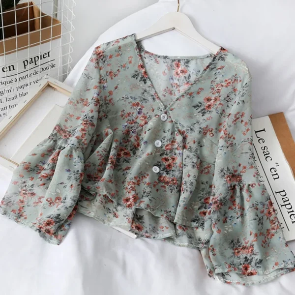 Chiffon Floral Blouses For WomenSoft Retro Chic Ladies Shirts Temperament Fresh Popular Trendy Ulzzang Button Femme Clothing - Image 3