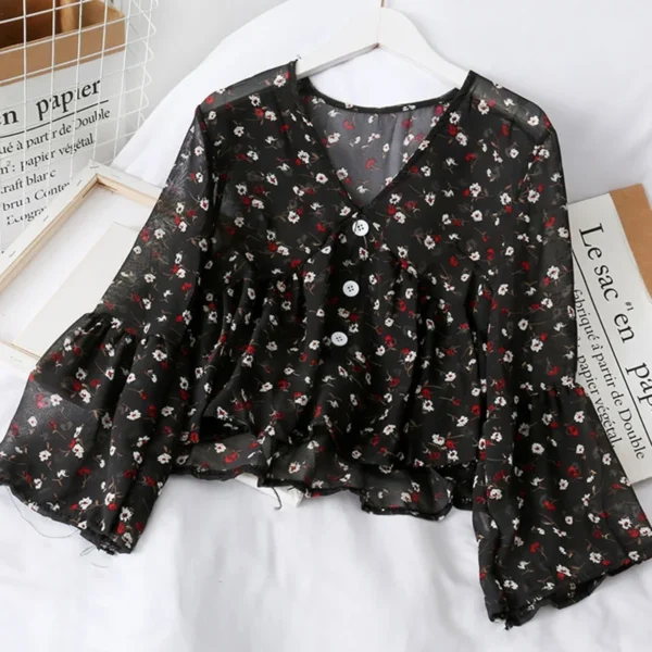 Chiffon Floral Blouses For WomenSoft Retro Chic Ladies Shirts Temperament Fresh Popular Trendy Ulzzang Button Femme Clothing - Image 2