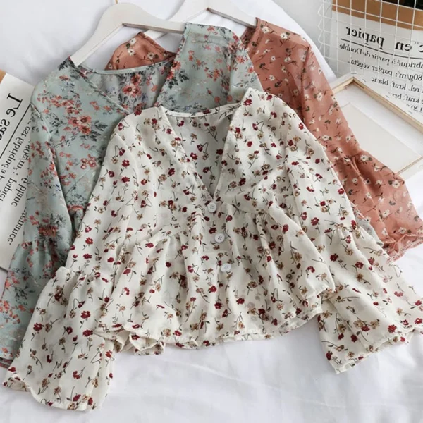 Chiffon Floral Blouses For WomenSoft Retro Chic Ladies Shirts Temperament Fresh Popular Trendy Ulzzang Button Femme Clothing