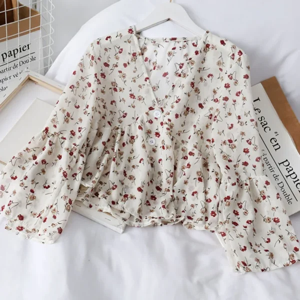 Chiffon Floral Blouses For WomenSoft Retro Chic Ladies Shirts Temperament Fresh Popular Trendy Ulzzang Button Femme Clothing - Image 5