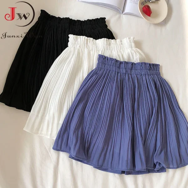 Solid Chiffon Summer Shorts Skirt Women Fashion Elastic Waist Pleated Mini Skirt Casual Beach Faldas Saias - Image 4