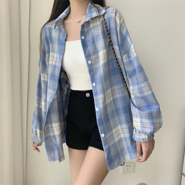 Women Tartan Shirt Long Sleeve Collared Button Up Oversized Plaid Shirt Jacket Grunge Fashion Teenage Girl Spring Summer Outfit - Image 3