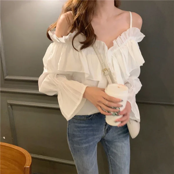 MEXZT Sexy Off Shoulder Blouses Women Ruffles Solid Slash Neck Chiffon Shirts Office Lady Korean Flare Long Sleeve Casual Tops - Image 6