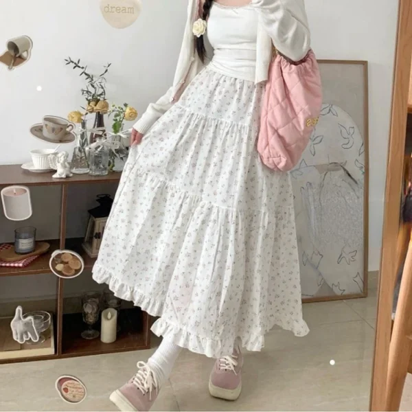 Sweet Fresh Floral Fungus A-line Skirt for Women High Waist Ruched Cake Skirts 2024 Summer New Mid-length Lloose Faldas Mujer - Image 6