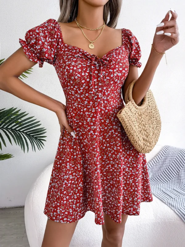 Spring Summer Square Collar Floral Ruffles Mini Dress Women Casual Flare Sleeves Drawstring Lace up Print A Line Dress - Image 5