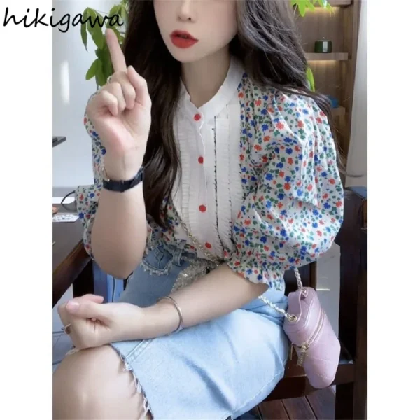 Vintage Blouse Women O-neck Puff Sleeve Shirt Fashion Clothes Floral Shirts 2023 Blusas De Mujer Summer Blouses Korean Tops - Image 3