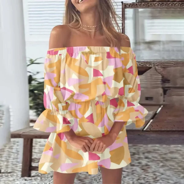 Boho Dresses for Women 2023 Summer Sexy Off Shoulder Floral Print Flare Sleeve Tunic Dress Women Casual Mini Sundress Vestido - Image 6