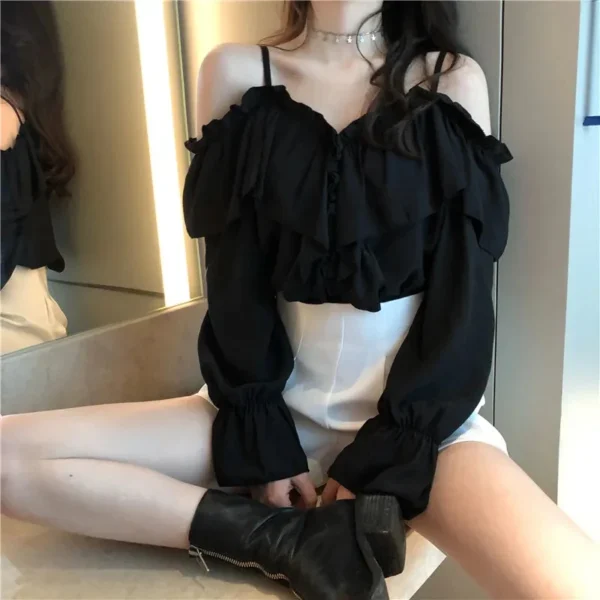 MEXZT Sexy Off Shoulder Blouses Women Ruffles Solid Slash Neck Chiffon Shirts Office Lady Korean Flare Long Sleeve Casual Tops