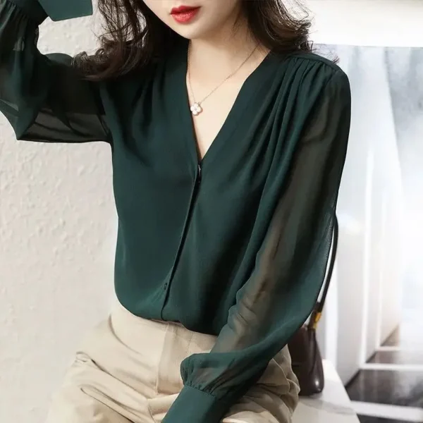 Long-sleeve Shirt Women's Spring and Autumn 2023 New French V-neck Design Sense Top Temperament Loose Chiffon Shirt - Image 3