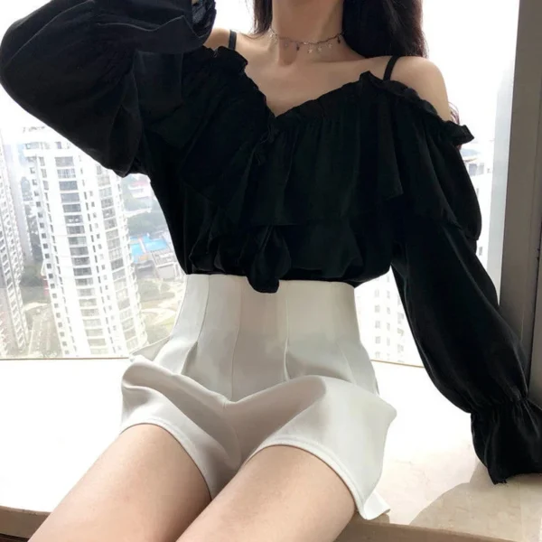 MEXZT Sexy Off Shoulder Blouses Women Ruffles Solid Slash Neck Chiffon Shirts Office Lady Korean Flare Long Sleeve Casual Tops - Image 5