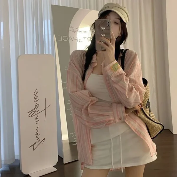 Pink Striped Shirt Women Korean Style Loose Long Sleeved Button Up Blouse Ladies Autumn New Wild Streetwear Casual Shirts 2024 - Image 3