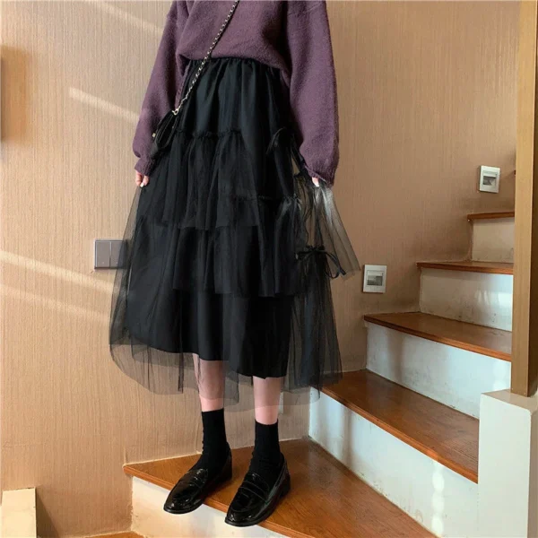 MEXZT Sweet Tulle Midi Skirt Women Streetwear Bow Mesh Pleated Skirts Korean Fashion Elegant High Waist Black A Line Skirt New - Image 2