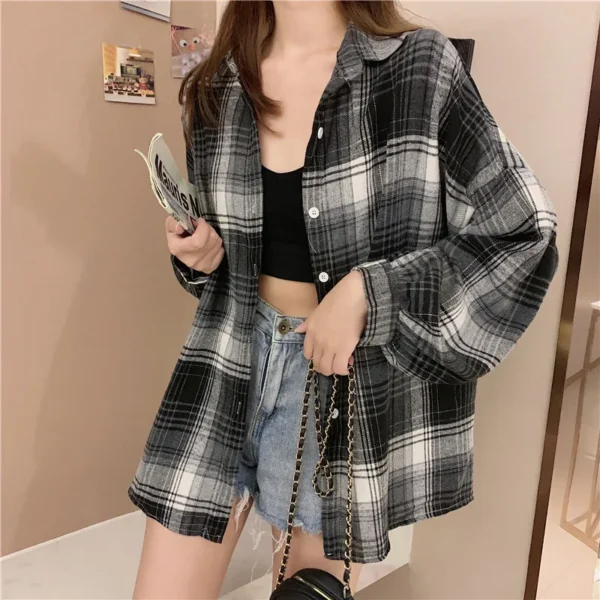 Women Tartan Shirt Long Sleeve Collared Button Up Oversized Plaid Shirt Jacket Grunge Fashion Teenage Girl Spring Summer Outfit - Image 4