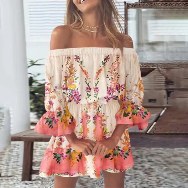 Boho Dresses for Women 2023 Summer Sexy Off Shoulder Floral Print Flare Sleeve Tunic Dress Women Casual Mini Sundress Vestido - Image 3