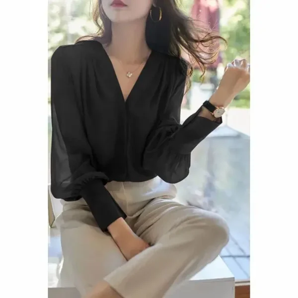 Long-sleeve Shirt Women's Spring and Autumn 2023 New French V-neck Design Sense Top Temperament Loose Chiffon Shirt - Image 4