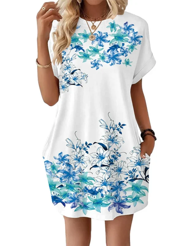 Solid Color Casual Dress Women's Short Sleeved Printed Mini Dresses Summer Every Day Clothes - Image 3