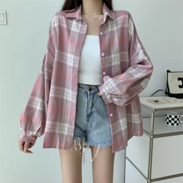 Women Tartan Shirt Long Sleeve Collared Button Up Oversized Plaid Shirt Jacket Grunge Fashion Teenage Girl Spring Summer Outfit - Image 2