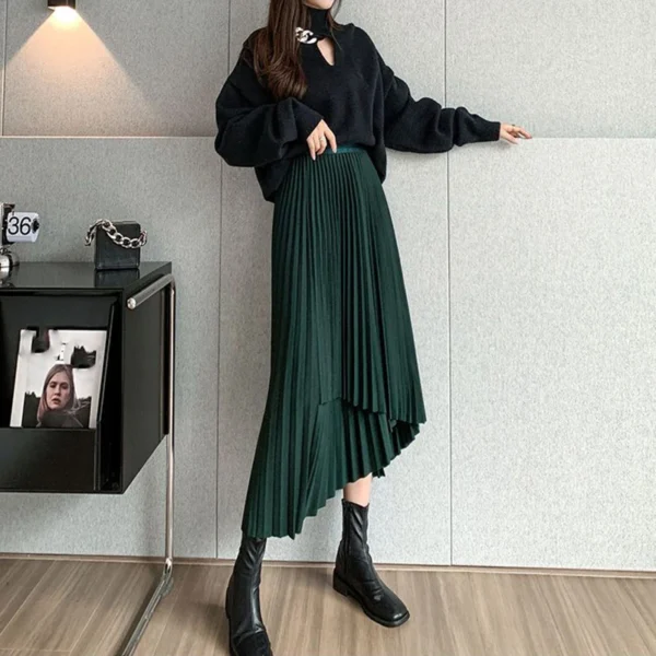 Lucyever Vintage Streetwear Pleated Skirts Female Autumn Winter High Waist Irregular Long Skirt Women Fashion A Line Midi Skirts - Image 3